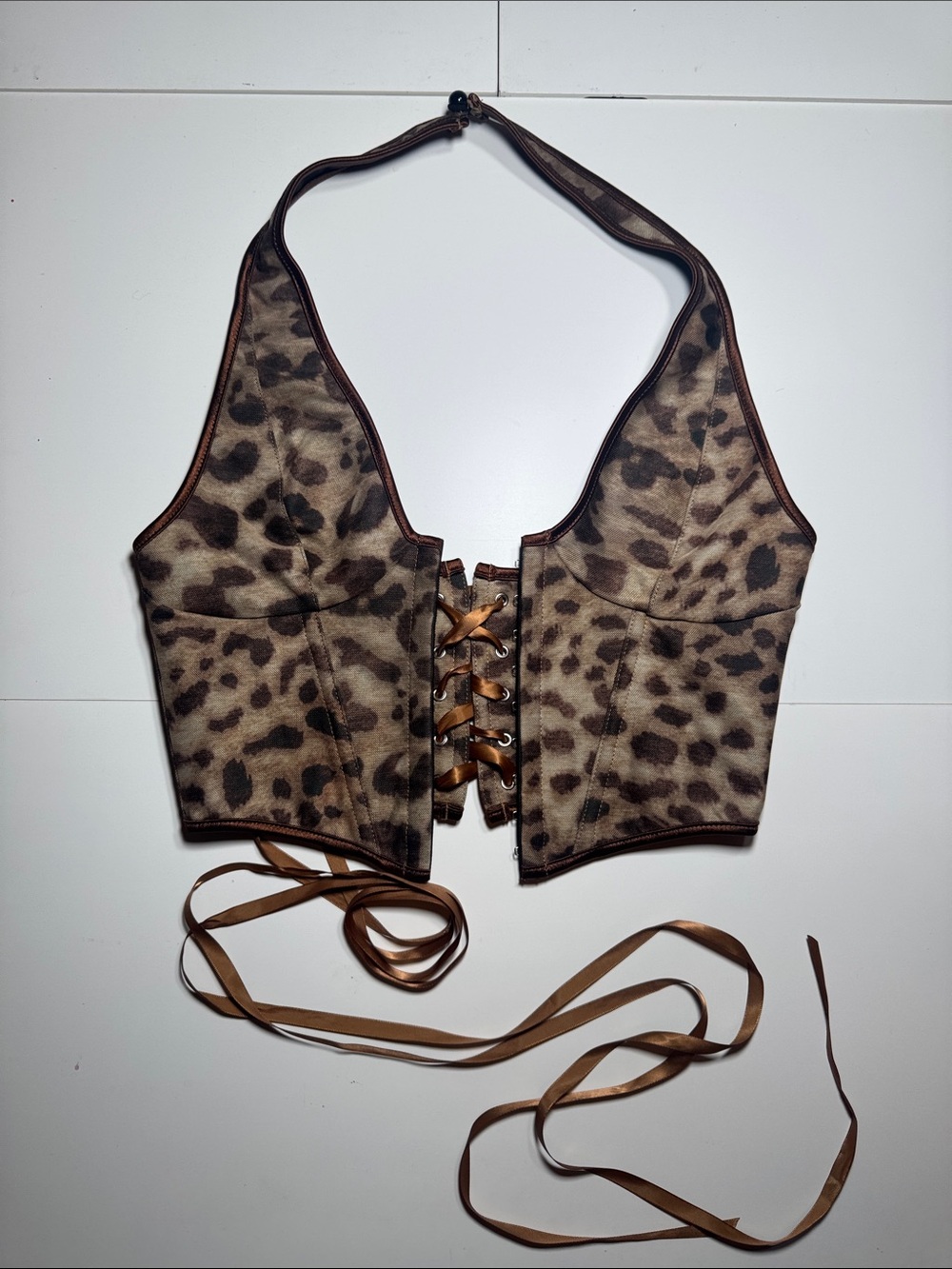 Leopard corset halter top with Brown Trim and Lace-Up Back